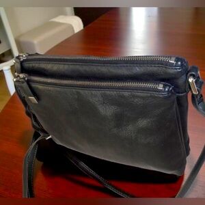 Margot New York Genuine Leather Black Double Zipper Shoulder Bag Crossbody